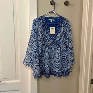 Blue and white V neck blouse